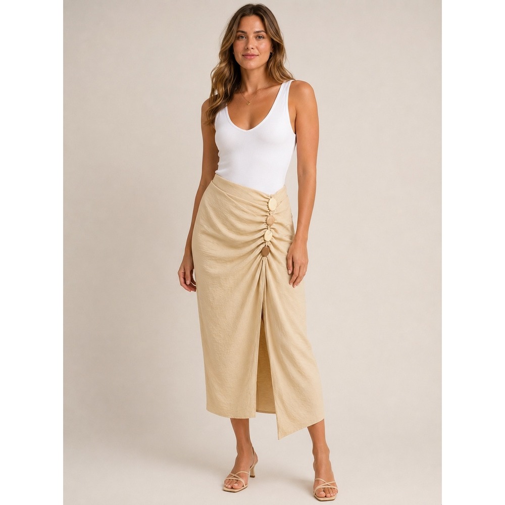 Zara Womens Midi Skirt Medium Beige Draped Front Stone Accents Slit Sarong Style